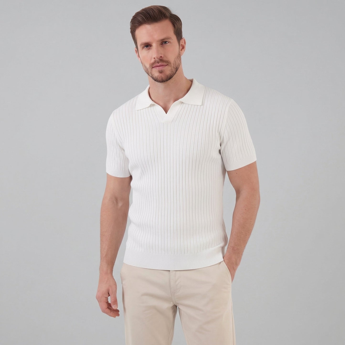 Polo para hombre de punto acanalado con cuello en v y manga corta — casual