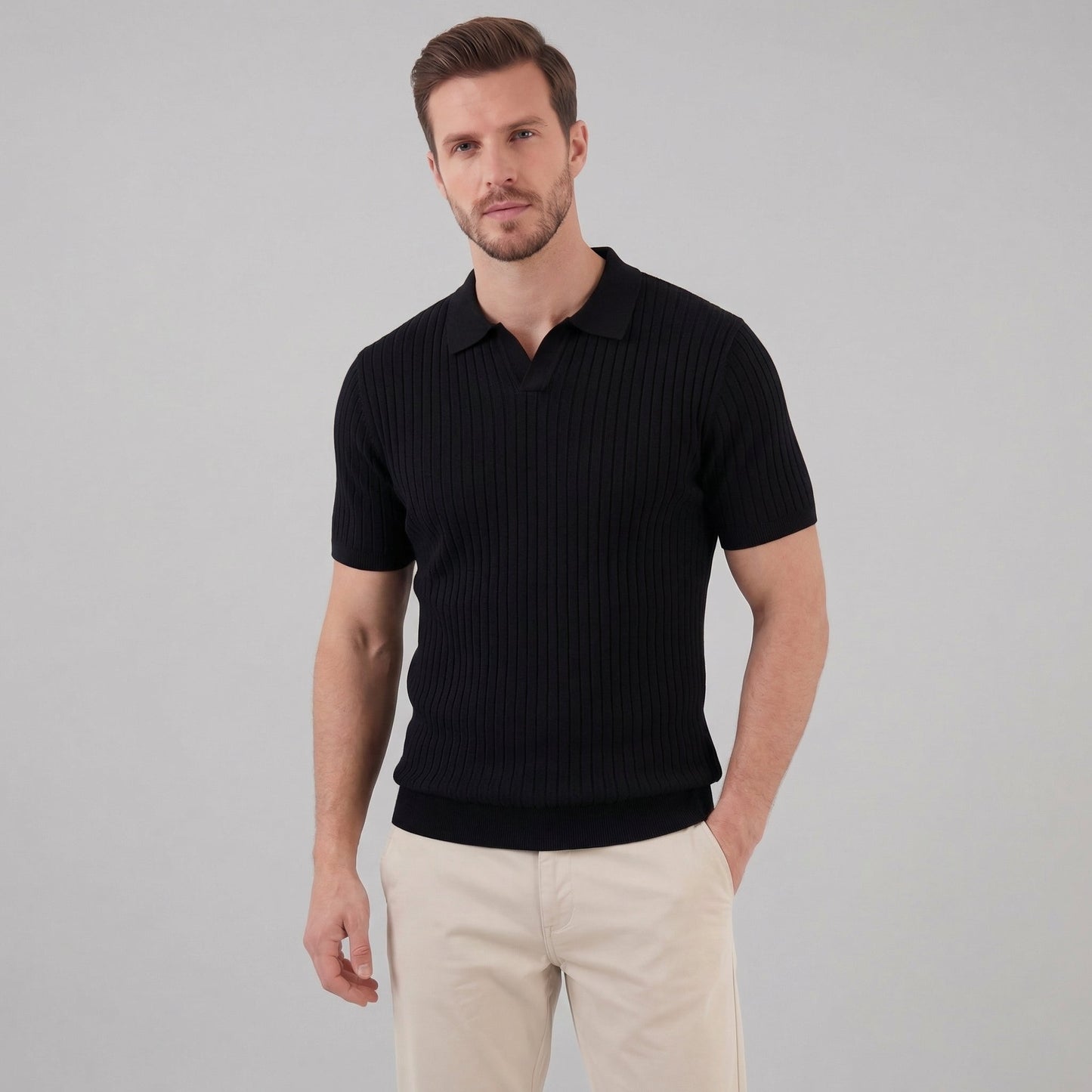 Polo para hombre de punto acanalado con cuello en v y manga corta — casual